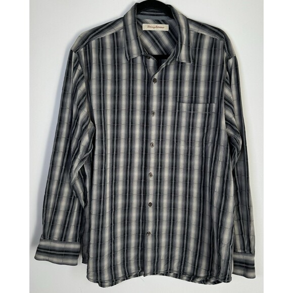 Tommy Bahama Men's Large Gray Striped Windowpane Silk Blend Shirt Resort Casual - Picture 1 of 16